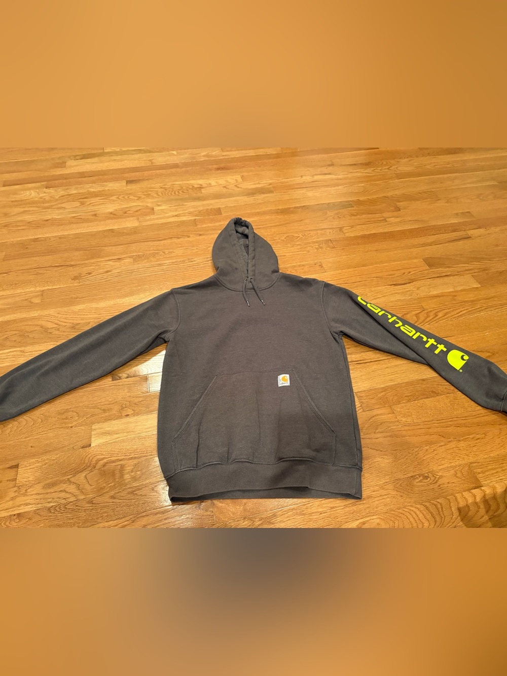 Carhartt Men’s Dark Gray Hooded Sweatshirt with Yellow Sleeve Logo